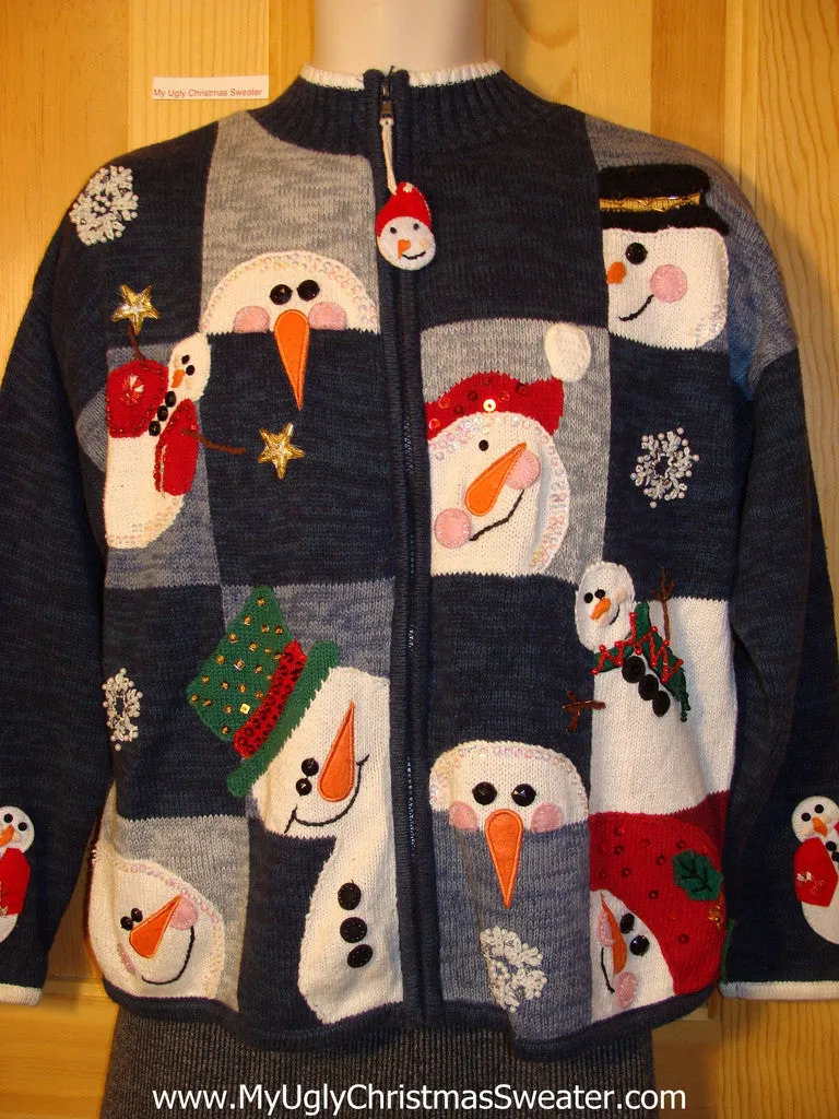 Tacky Cheap Ugly Christmas Sweater with Carrot Nosed Snowmen (f539)