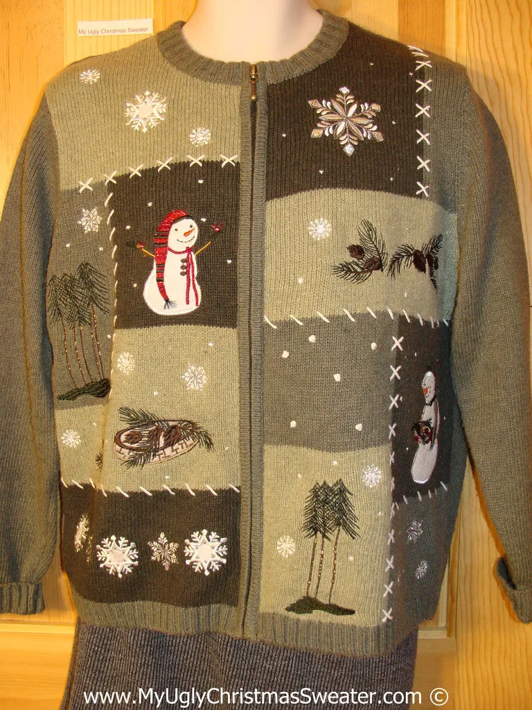 Tacky Cheesy Holiday Sweater with Crafty Patchwork Grid of Snowman Friends and Snowflakes (f1125)