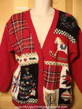 Tacky Ugly Christmas Sweater 80s Plaid Grid Style with Rocking Horse & Tree (f204)