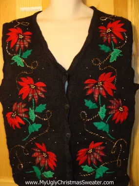 Tacky Ugly Christmas Sweater Vest with Bling Red Poinsettias (f268)