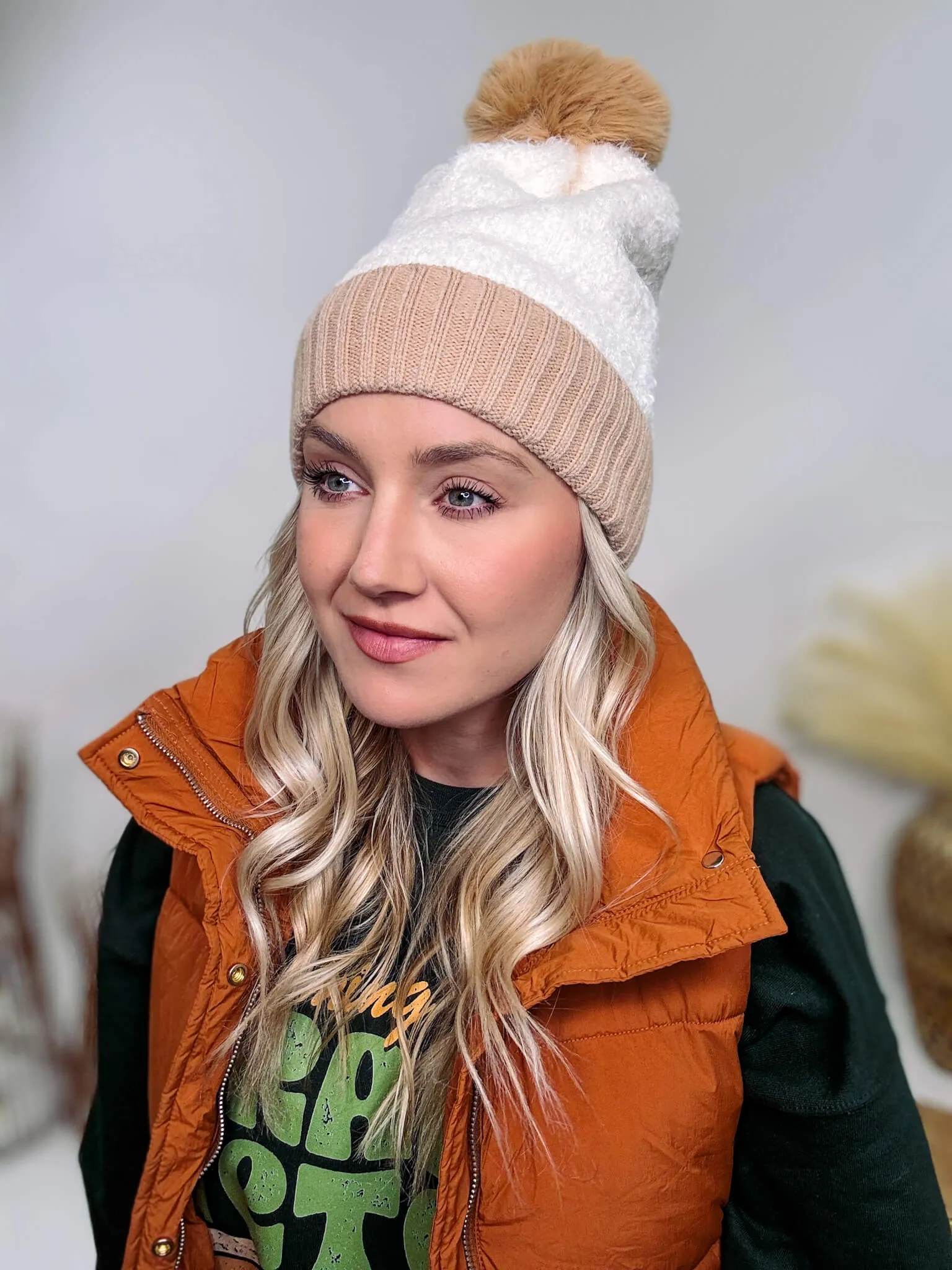 Taupe Cuffed Sherpa Beanie with Faux Fur Pom