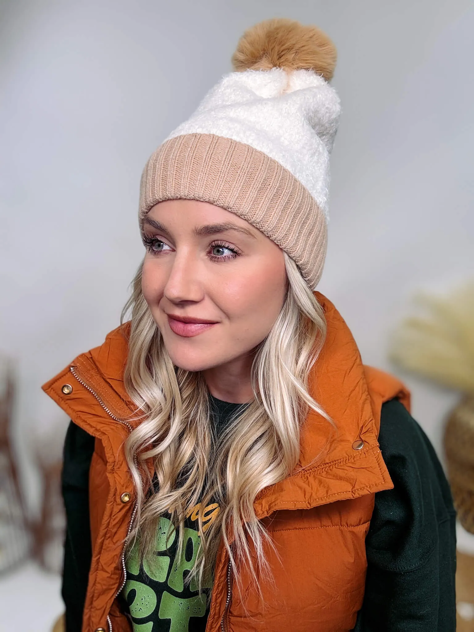 Taupe Cuffed Sherpa Beanie with Faux Fur Pom