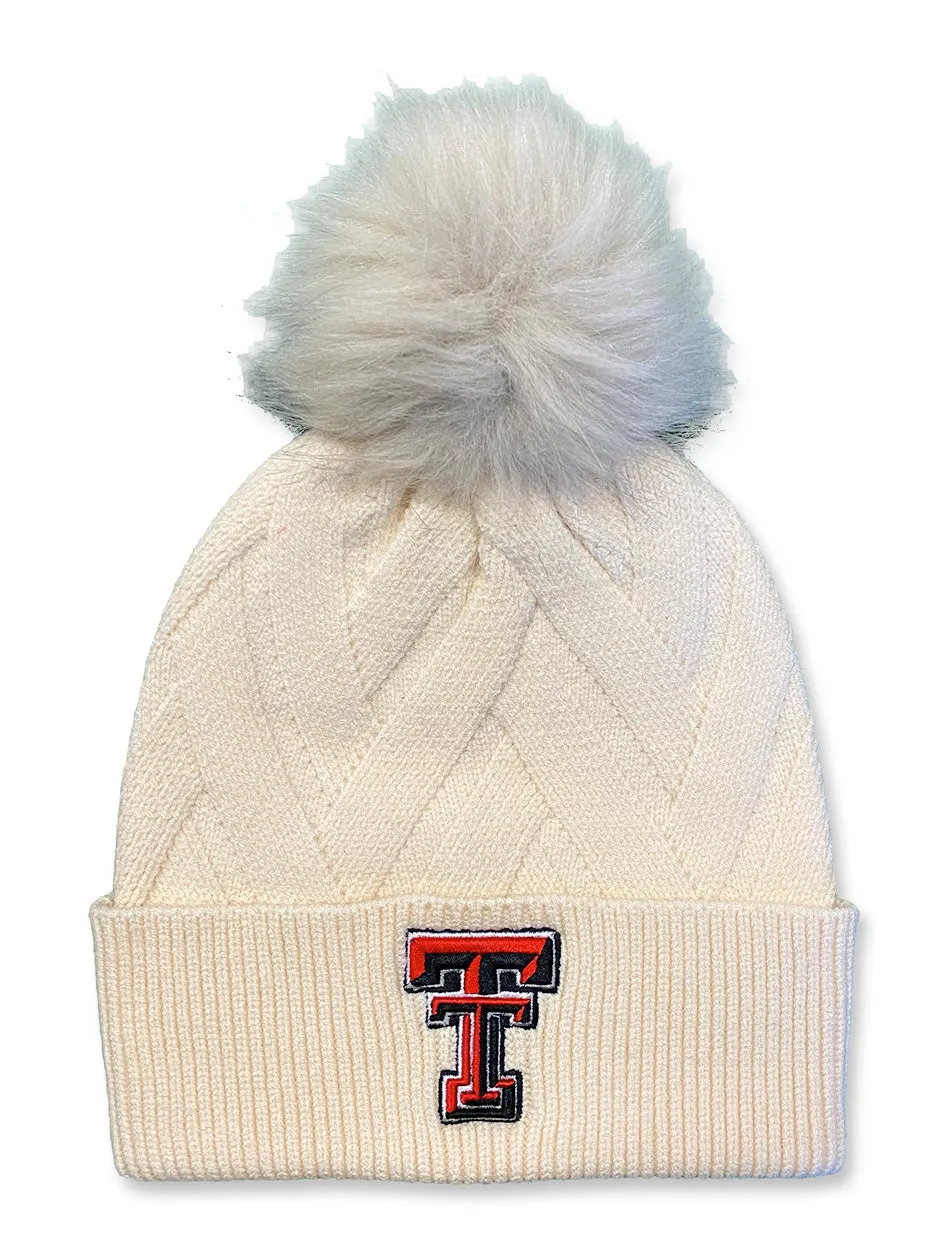 Texas Tech Cable Knit Fur Pompom Ivory Beanie