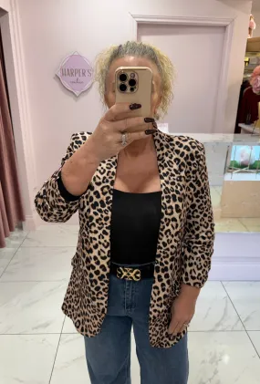 Tilly Leopard Print Ruched Sleeve Blazer