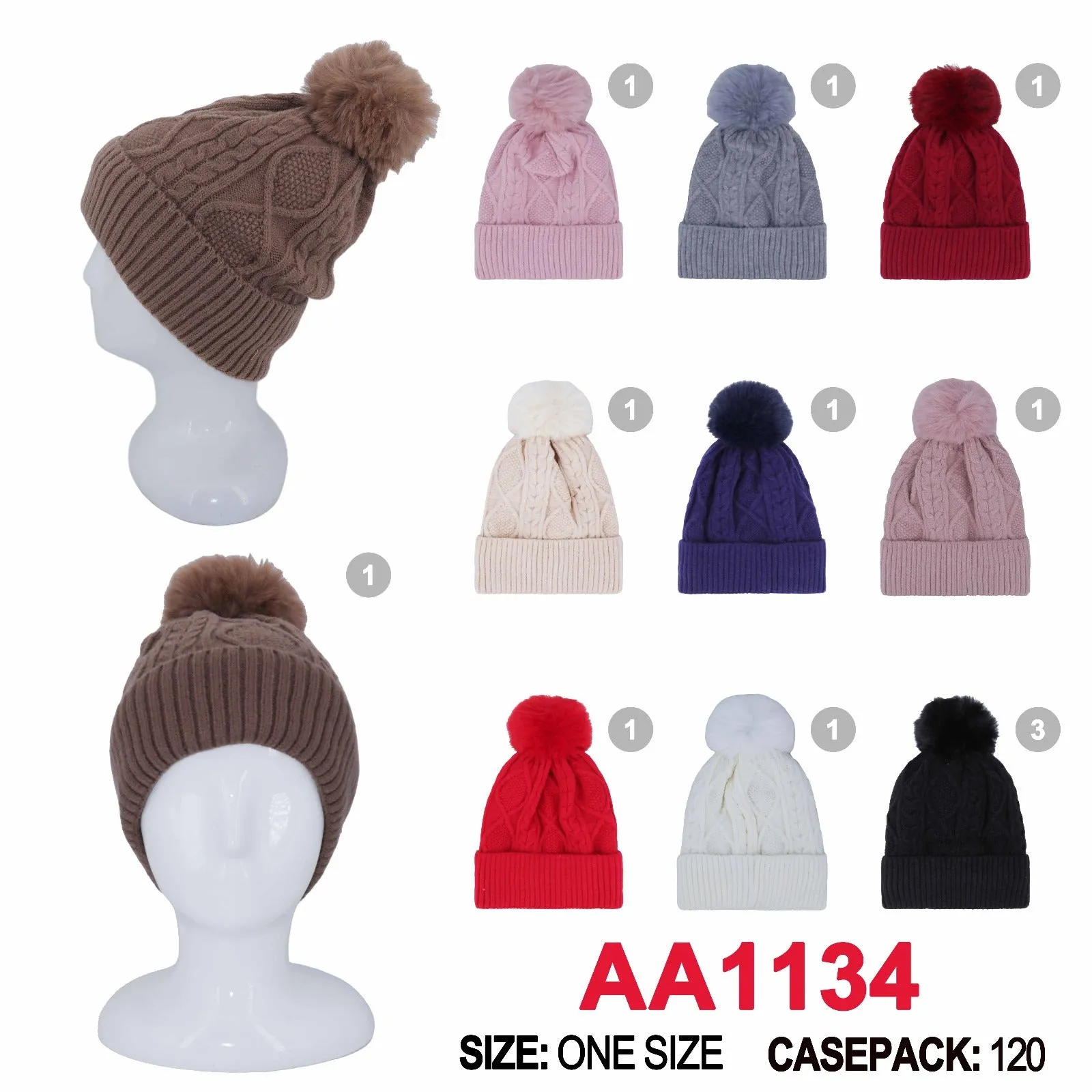 Winter Cable Knitted Cuffed Hat Beanies Pom Skull Cap W/ Lining AA1134