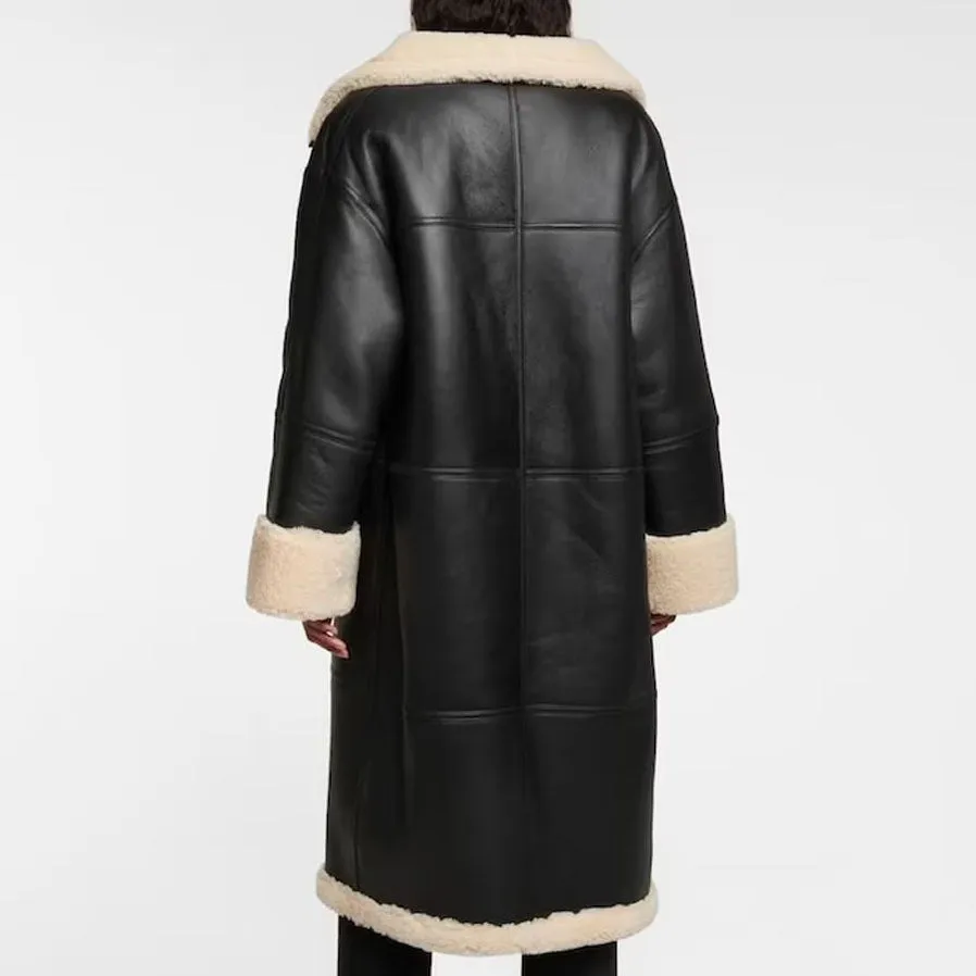 Women Black Sheepskin Shearling Coat Style Leather Duster