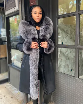 WOMEN SHEARLING- 3/4 LONG BLACK SHEARLING WITH SLIVER FOX FUR AND HOOD