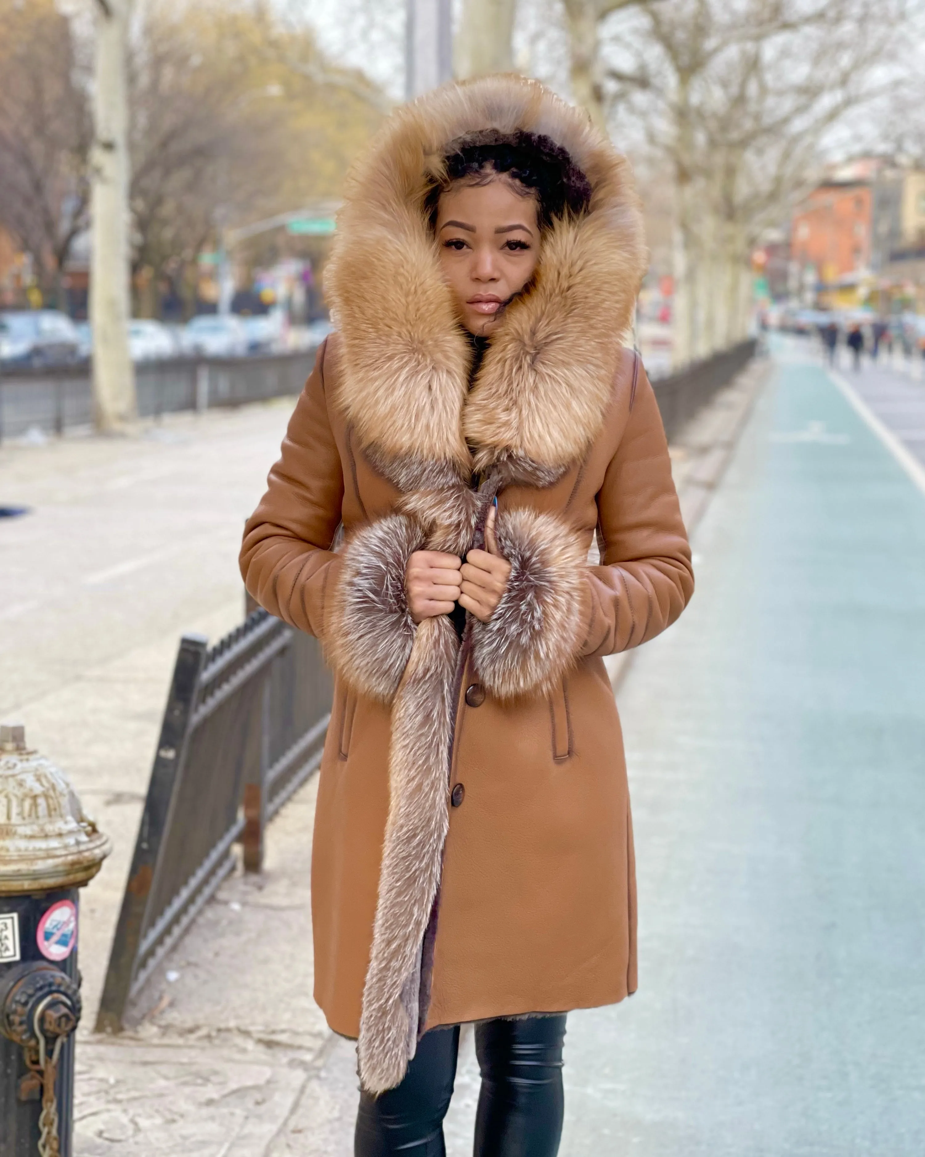 WOMEN SHEARLING- 3/4 LONG TAN SHEARLING WITH GOLD FOX FUR AND HOOD