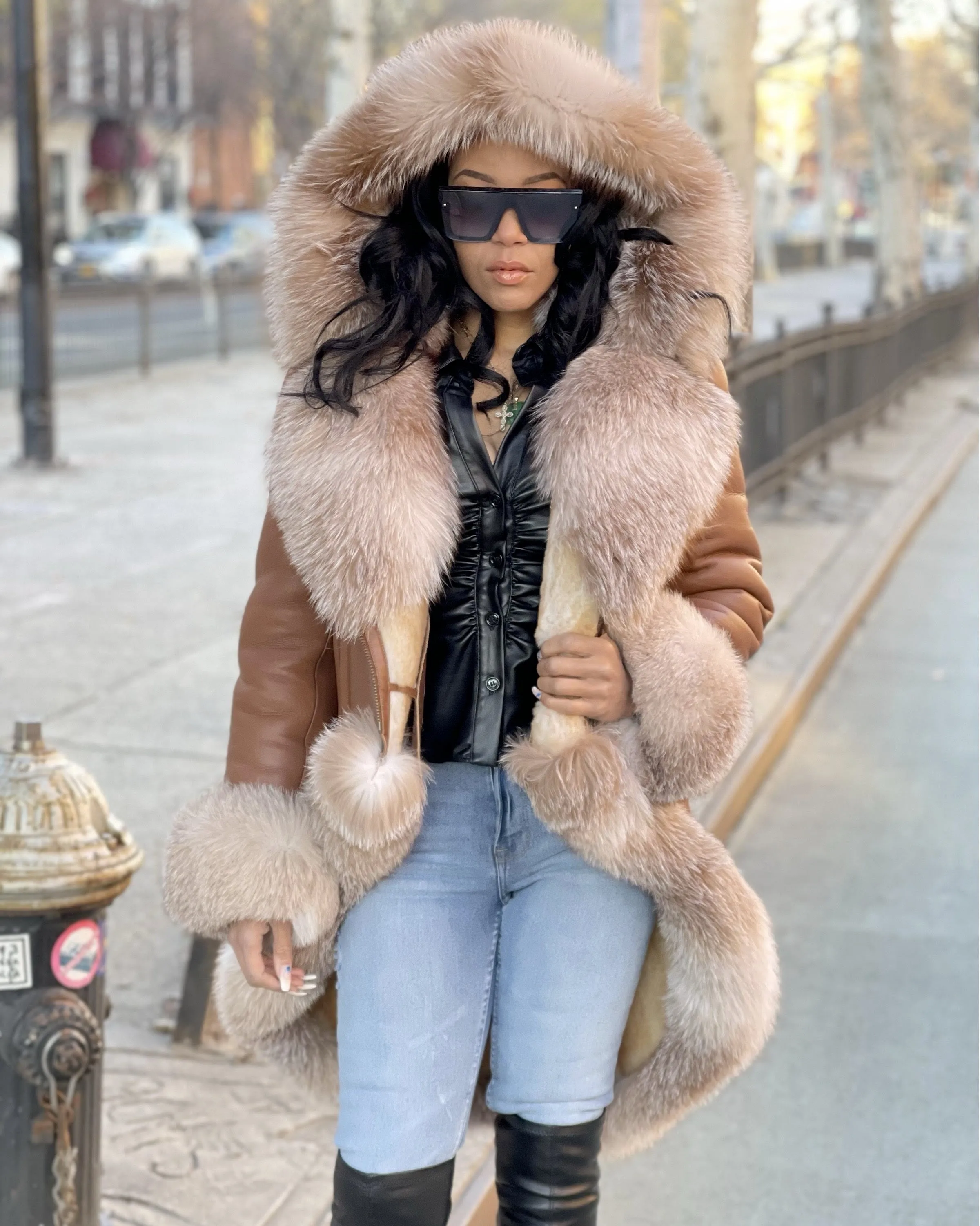 WOMEN SHEARLING- COGNAC LONG LENGTH WITH CRYSTAL FOX FUR