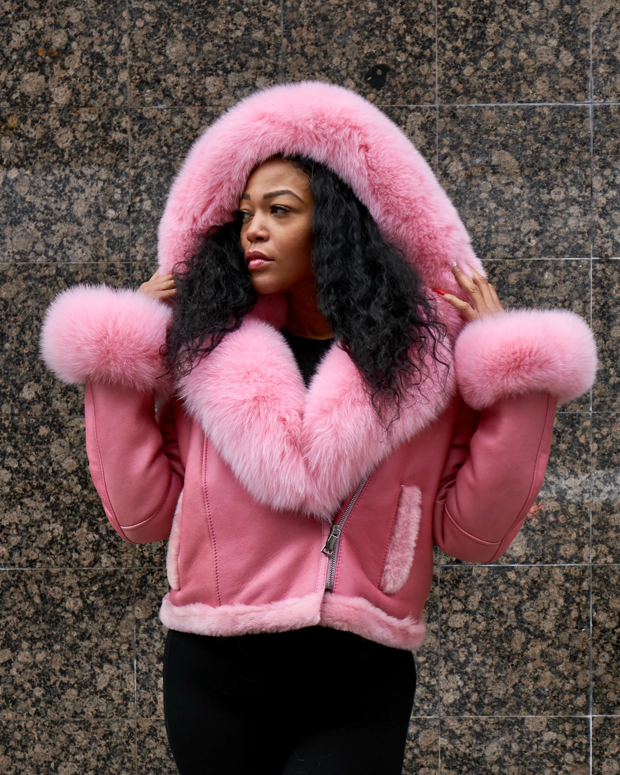 WOMEN SHEARLING- CROP TOP PINK WITH PINK SHEARLING