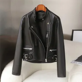 Women’s Black Biker Genuine Sheepskin Stand Collar Crossover Café Racer Classic Motorcycle Rider Slim Fit Leather Jacket