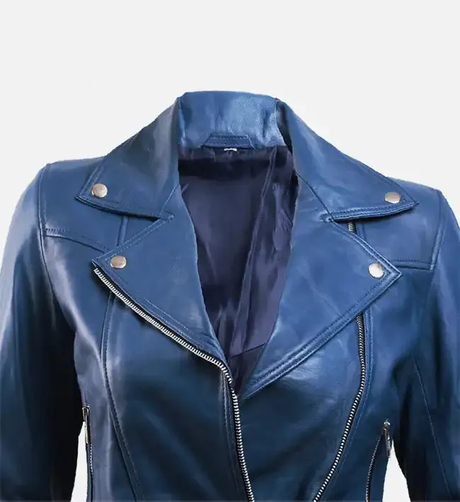 Women’s Blue Leather Biker Jacket