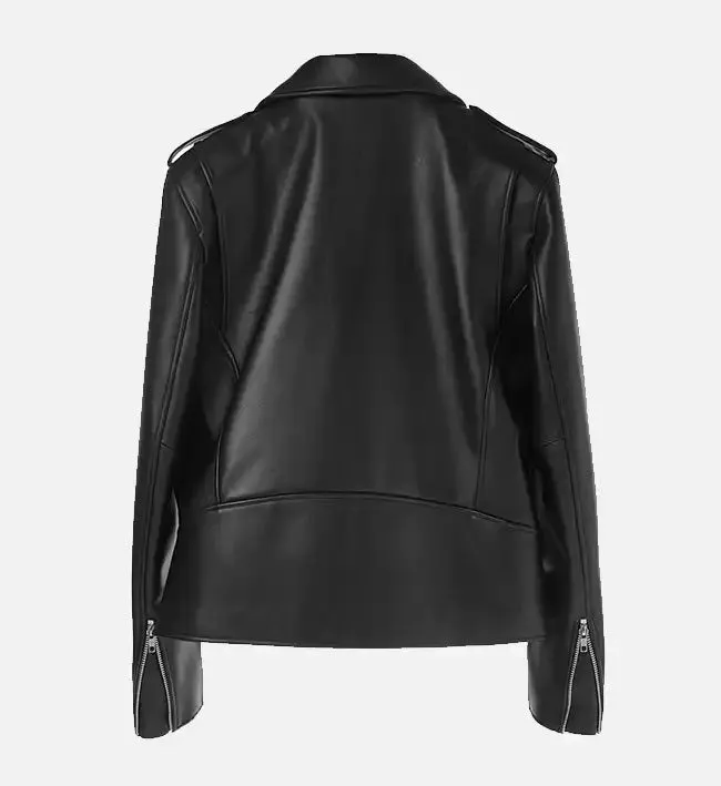 Women's Classic Belted Black Biker Leather Jacket