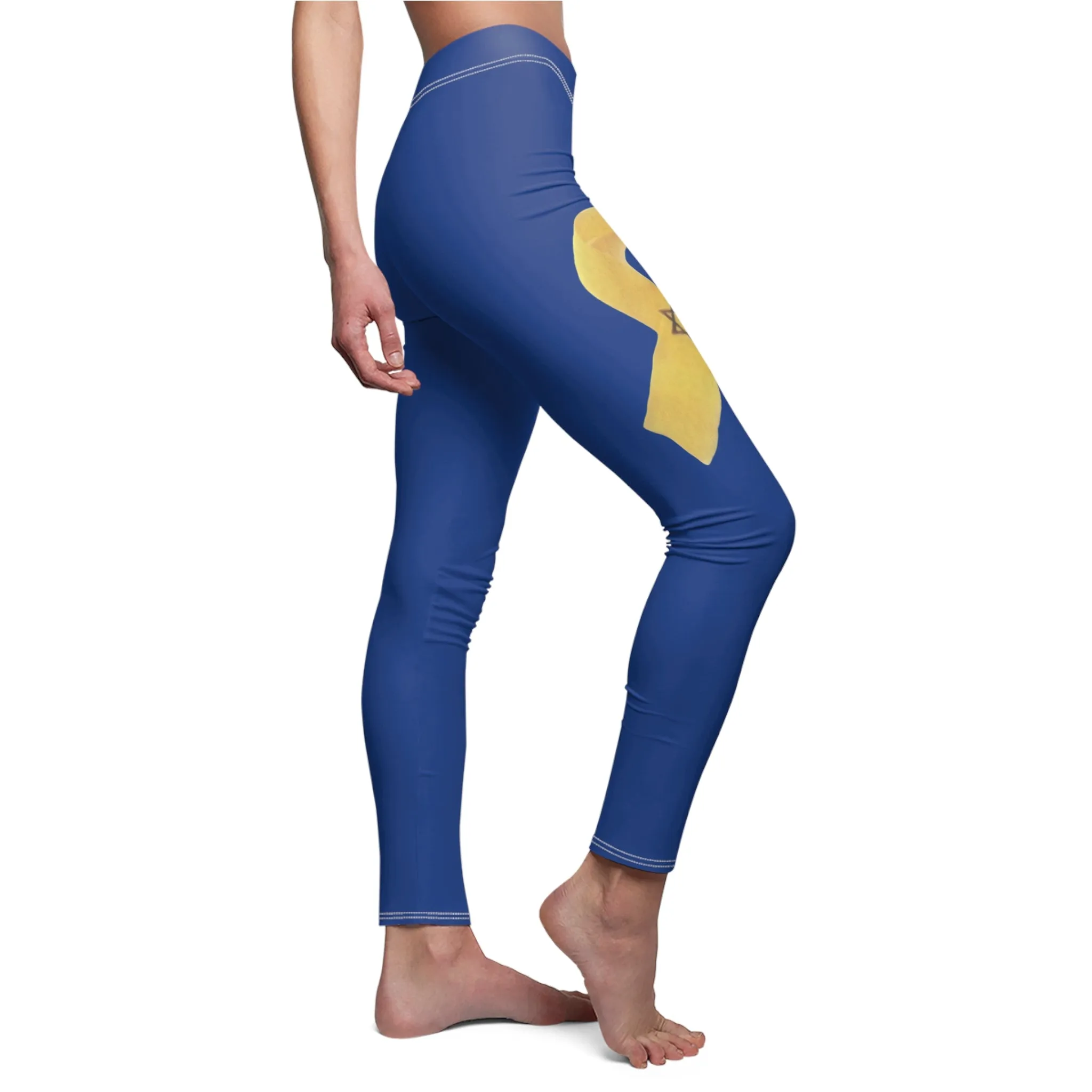 Women's Cut & Sew Casual Leggings, Royal Blue - Yellow Ribbon 'Bring Them Home Now' Art, by Chaia Malana