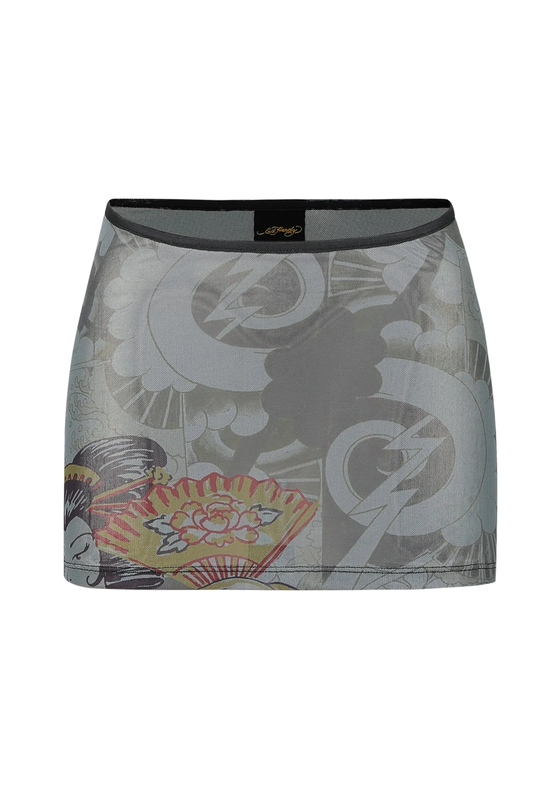 Womens Geisha Fan Mesh Mini Skirt  - Black