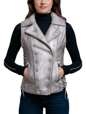 Women's Metallic Silver Lace-Up Leather Vest with Shearling Collar