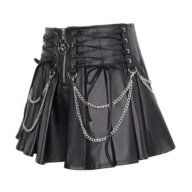 Women's Punk High-waisted Pleated Skirt with Chain