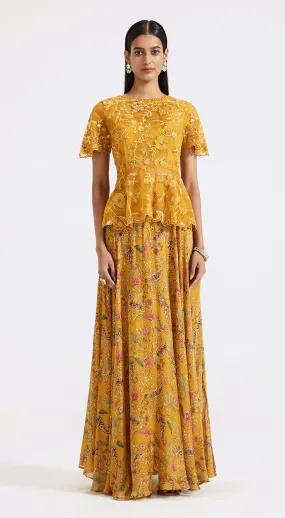 Yellow Embroidered Top & Skirt Set